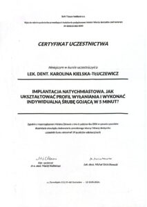 certyfikat implantacja natychmiastowa lek dent karolina kielska tłuczewicz