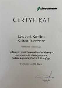 certyfikat metoda augmentacji lek dent karolina kielska tłuczewicz