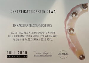 certyfikat rekonstrukcje pełnołukowe lek dent karolina kielska tłuczewicz